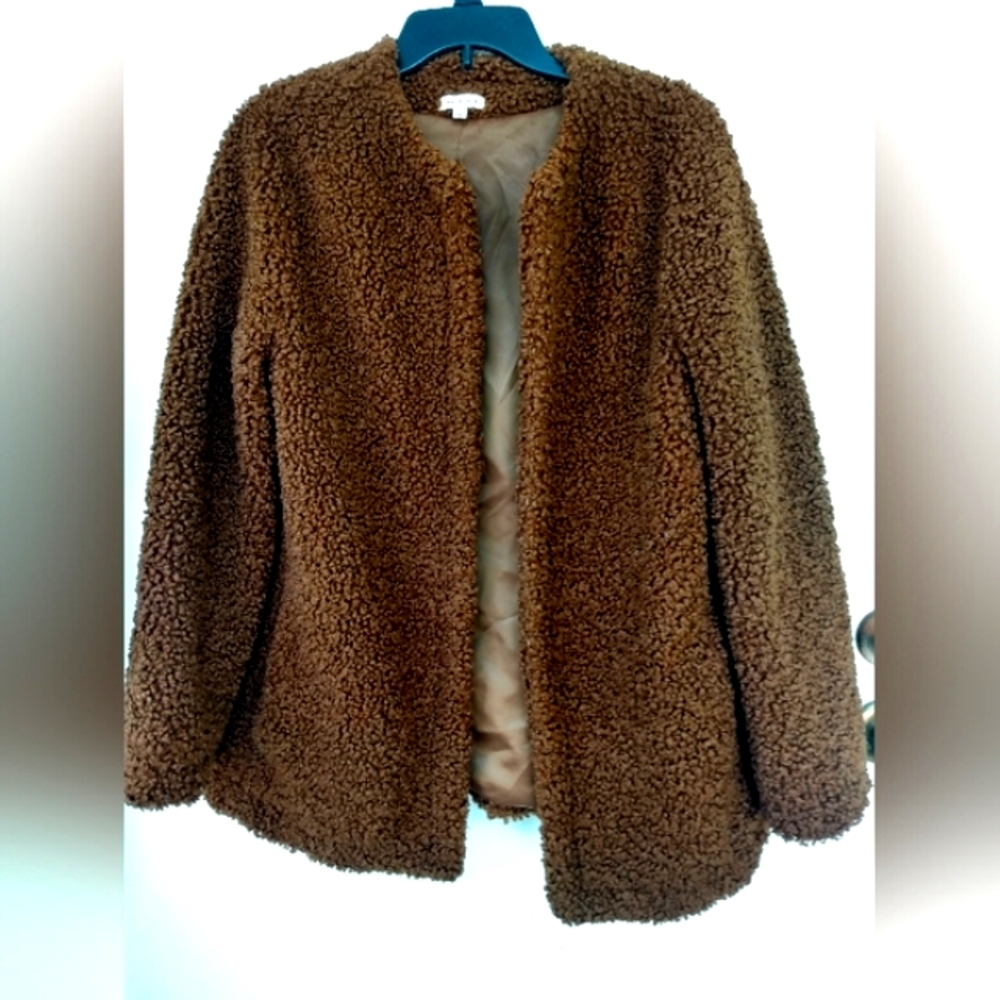 Max Studio Medium Teddy Chocolate Brown Jacket Coat Fuzzy Furry Faux Fur Sherpa